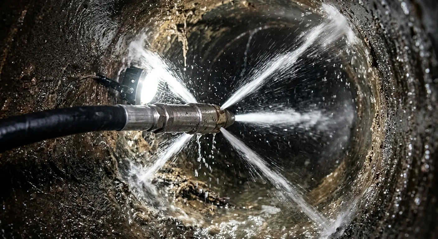High-pressure hydro jetting nozzle cleaning sewer pipe for Emergency Drain Service in Liberty Lake