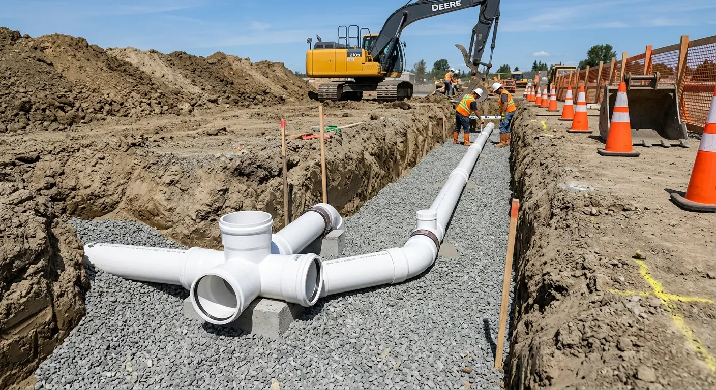 New PVC sewer pipe installation in open trench for Grease Trap Cleaning in Liberty Lake