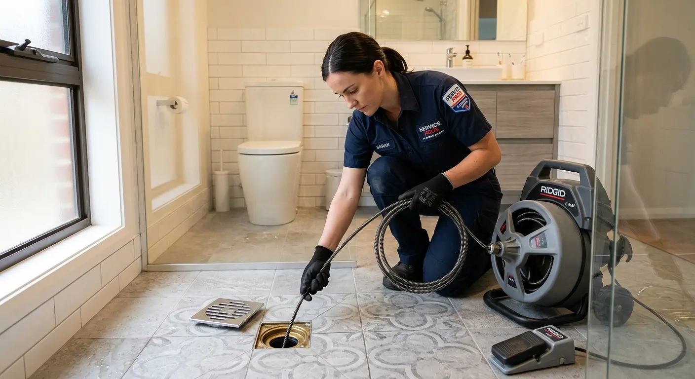 Technician clearing a bathroom floor drain for Drain Cleaning in Liberty Lake